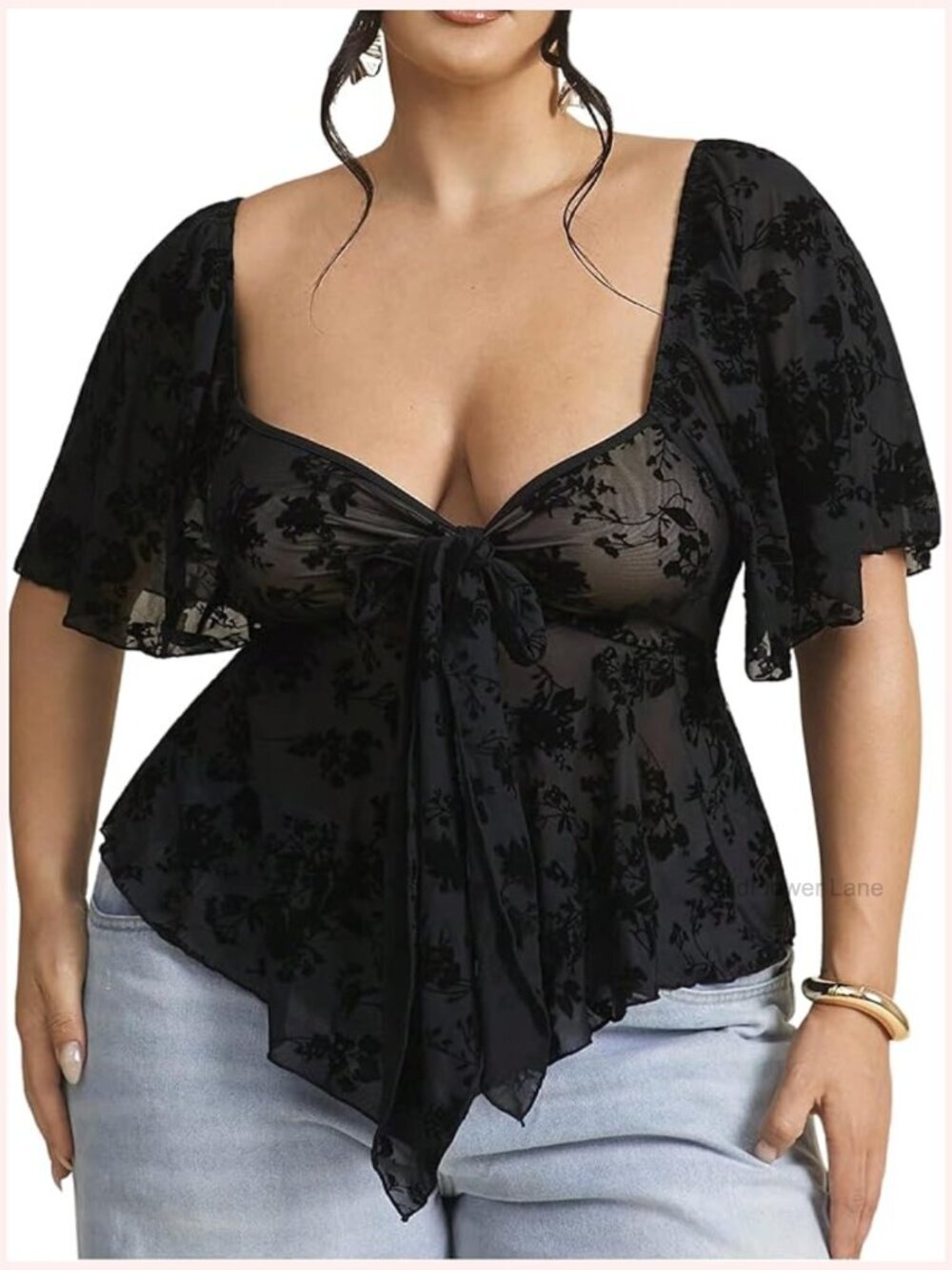 Plus Size Floral Mesh Peplum Blouse Short Sleeve Tie Front Babydoll Top